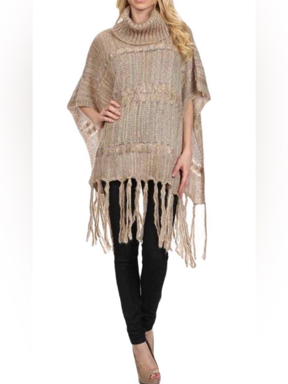 PONCHO knit fringe turtleneck cable knit neutral tones beige tan gray size OSFA